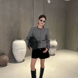 샤넬 로고 배색 트위드 그레이자켓