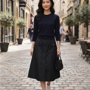 프라다 [PRADA] 파나마 올드 코튼 미디 스커트 벨트 셋